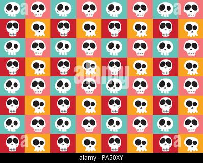 funny white doodle skulls in different characters on vintage bright multicoloured background, pattern seamless background. Stock Vector