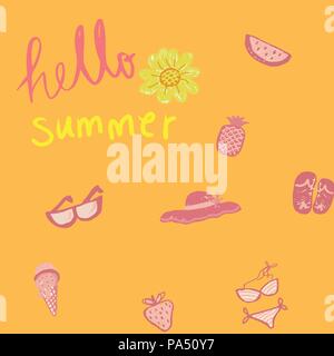 hand drawing doodle pencil pink colour. Summer icon set seamless on orange background with hello summer word Stock Vector