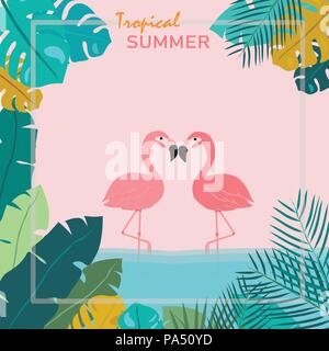 Summer Pink pastel flamingos stand in water and topical leaves as a frame, tropical summer concept Stock Vector