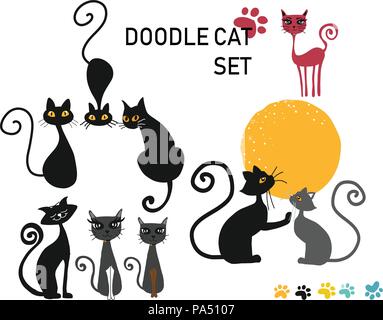 set of doodle funny black cat isolated Stock Vector