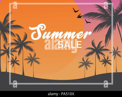 vector Summer sale banner backdrop, silhouette birds and tropical coconut trees with big sun on twilight sky in background Stock Vector