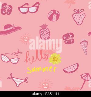 hand drawing doodle pencil pink colour   Summer icon set seamless on pink background with hello summer word Stock Vector