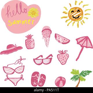 isolated hand drawing doodle pencil pink colour Summer icon set  with hello summer word Stock Vector