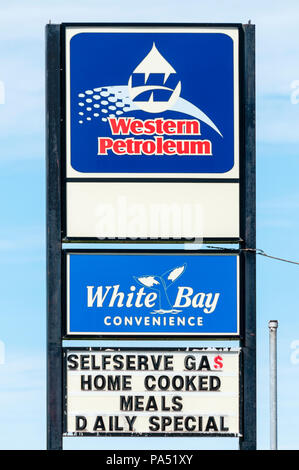 Sign for Western Petroleum filling station on Trans-Canada Highway, Newfoundland. Western Petroleum is a family owned & operated Newfoundland company. Stock Photo