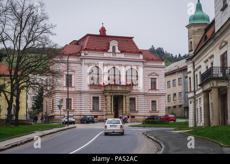 New Town Hall Hotel building and castle in Vsetin city in Zlin Region, Moravia in Czech Republic Stock Photo