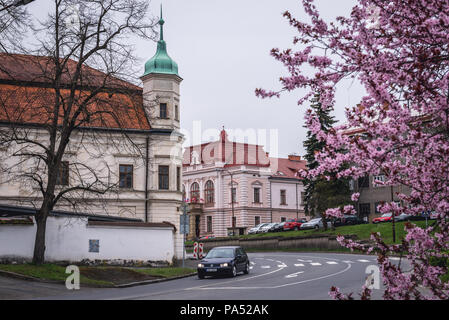 Castle and new Town Hall Hotel building in Vsetin city in Zlin Region, Moravia in Czech Republic Stock Photo