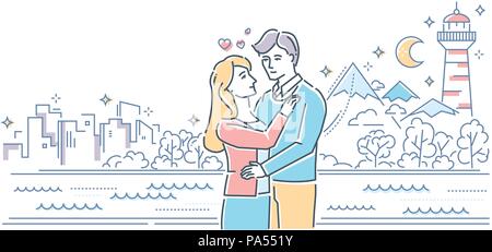 Romantic date - colorful line design style illustration Stock Vector