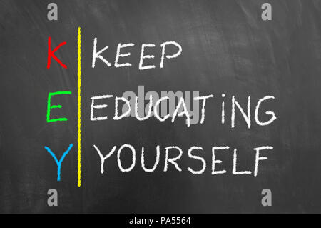 Key keep education yourself chalk text on blackboard or chalkboard as education motivational development success message Stock Photo