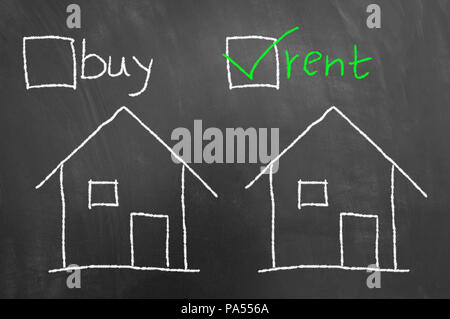 Buy rent house chalk drawing on blackboard or chalkboard with checkbox as real estate business housing choice concept Stock Photo