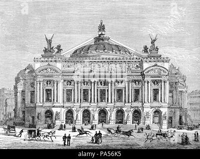 Vintage engraving, Palais Garnier opulent opera house in Paris, frontal view Stock Photo