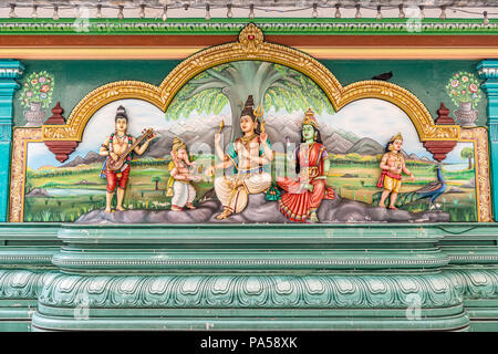 God and goddess statues and wall sculptures in Sri Maha Mariamman Temple Dhevasthanam in chinatown in Kuala Lumpur, Malaysia. Stock Photo