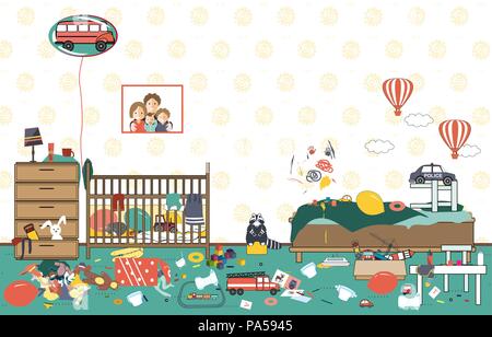 Kids untidy and messy room. Child scattered toys and clothing. Room where two little boys live. Mess in the house. Vector illustration Stock Vector