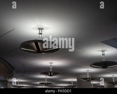 Industrial florescent lights hanging on a modern ceiling  Stock Photo