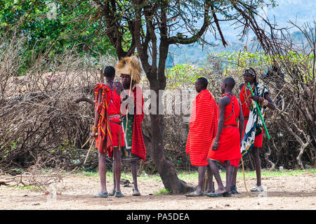 AMBOSELI, KENYA - OCTOBER 10, 2009: Unidentified Massai people with wooden sticks talking about something in Kenya, Oct 10, 2009. Massai people are a  Stock Photo