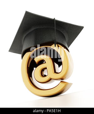 Graduation cap on internet sign of e-learning concept. 3D illustration. Stock Photo