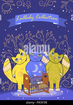 Three cute fairy cats lull a child. Border or cover design Stock Vector