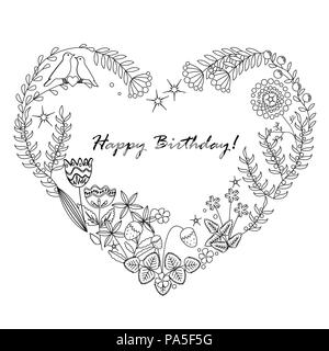 Cute floral background with a Heart Frame. Happy Birthday card Stock Vector