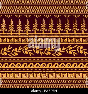 Seamless pattern with olives, wheat, and greek symbols. Rich anchient stylized ornament Stock Vector