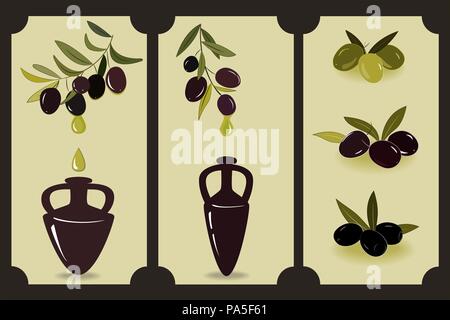 Olive oil set. Labels with olive branches and amphoras with oil. Olive oil label design elements Stock Vector