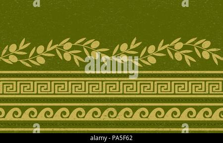 Seamless pattern with olives, wheat, and greek symbols. Stock Vector
