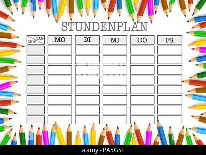 class schedule surrounded by colored pencils template Stock Vector