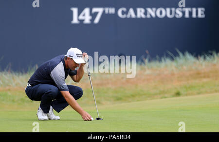 Republic Of Ireland's Padraig Harrington lines up a putt on the 18th green during day two of The Open Championship 2018 at Carnoustie Golf Links, Angus. Stock Photo