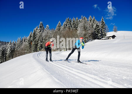 Olympic silver medalist Tobi Angerer with his wife Romy on the cross-country ski trail of Winklmoos-Alm, Reit im Winkl, Chiemgau Stock Photo