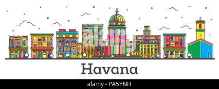 Outline Havana Cuba City Skyline with Color Buildings Isolated on White. Vector Illustration. Havana Cityscape with Landmarks. Stock Vector