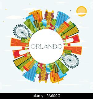 Orlando Florida City Skyline with Color Buildings, Blue Sky and Copy Space. Vector Illustration. Stock Vector