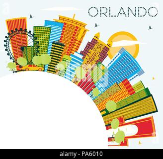 Orlando Florida City Skyline with Color Buildings, Blue Sky and Copy Space. Vector Illustration. Stock Vector