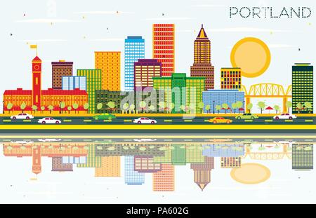 Portland Oregon City Skyline with Color Buildings, Blue Sky and Reflections. Vector Illustration. Stock Vector