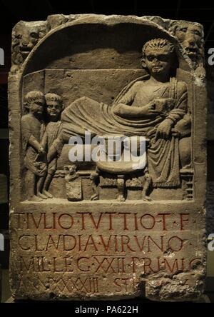 Funerary stele of the Roman legionary Julius Tuttius, soldier of the Primigenia Legion, who died at 43 years old. Mid-1st century. Found in Cologne, Germany. Roman-Germanic Museum. Cologne. Germany. Stock Photo