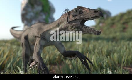 running utahraptor in prehistoric landscape Stock Photo