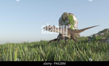 running utahraptor in prehistoric landscape Stock Photo