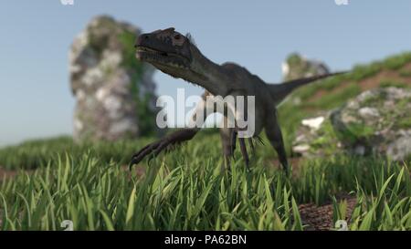 running utahraptor in prehistoric landscape Stock Photo