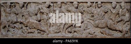 Paleochristian sarcophagus with lion hunting, 4th century, Sant Feliu Church, Gerona, Catalonia, Spain. Stock Photo