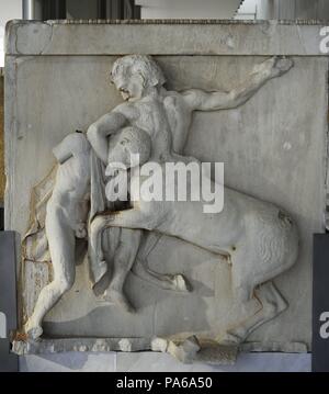 Parthenon. South Metope 1. Lapith and Centaur. Marble. Master builder, Phidias.  5th century BC. Acropolis of Athens. Acropolis Museum. Athens. Greece. Stock Photo