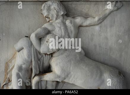 Parthenon. South Metope 1. Detail. Lapith and Centaur. Marble. Master builder, Phidias.  5th century BC. Acropolis of Athens. Acropolis Museum. Athens. Greece. Stock Photo