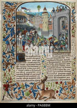 The Battle of Caen in 1346 (Miniature from the Grandes Chroniques de France by Jean Froissart). Museum: BIBLIOTHEQUE NATIONALE DE FRANCE. Stock Photo