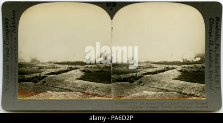 . English: Horizontal, sepia stereocard showing uniformed men waiting in trenches. Smoke can be seen in the background of the image. Keystone Stereograph number V18879. The title reads: ' 'On all sides round a great furnace flamed' - German Attack. North Compiegne, France.' Title: 'French Trenches, North Compiegne, France.' . between circa 1914 and circa 1918 3 &quot;French Trenches, North Compiegne, France.&quot; Stock Photo