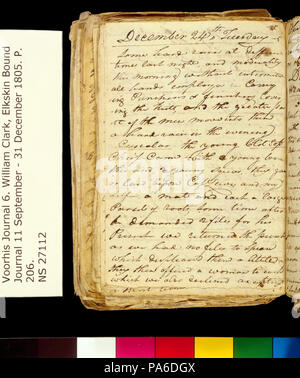 321 Clark Family Collection- Volume 6. Elkskin Journal, page 206, December 24, 1805 Stock Photo