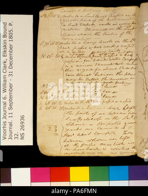 321 Clark Family Collection- Volume 6. Elkskin Journal, page 32, October 13, 1805 Stock Photo