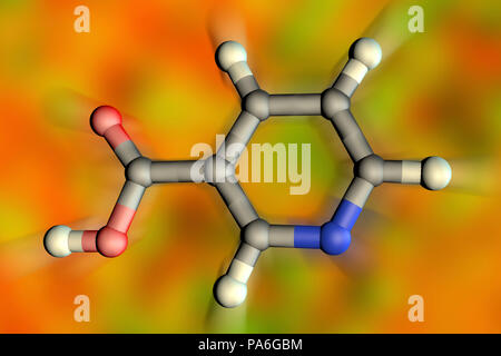 Vitamin B3 (nicotinic acid), molecular model. Insufficient intake of vitamin B3 leads to a disease called pellagra. Atoms are represented as spheres and are colour-coded: carbon (grey), hydrogen (white), nitrogen (blue) and oxygen (red). Stock Photo