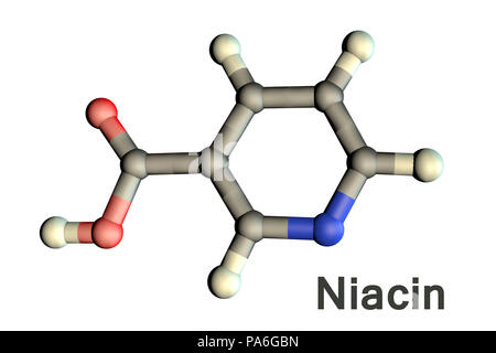 Vitamin B3 (nicotinic acid), molecular model. Insufficient intake of vitamin B3 leads to a disease called pellagra. Atoms are represented as spheres and are colour-coded: carbon (grey), hydrogen (white), nitrogen (blue) and oxygen (red). Stock Photo