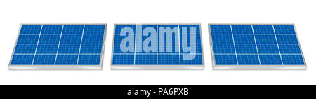 Solar plates collector set. Three 3d photovoltaic panels, side by side, horizontal positioning. Stock Photo