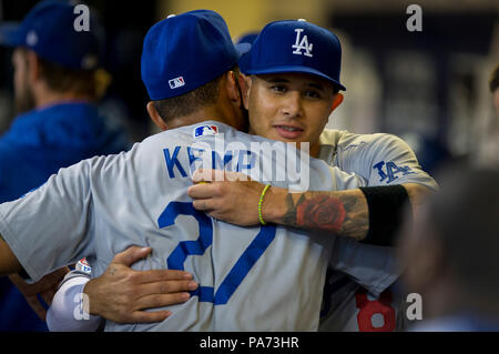 Milwaukee, WI, USA. 20th July, 2018. Los Angeles Dodgers shortstop Manny  Machado #8 and Los Angeles Dodgers left fielder Matt Kemp #27 before the  Major League Baseball game between the Milwaukee Brewers