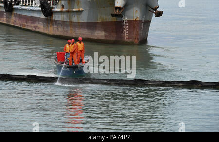 Haikou, China's Hainan Province. 21st July, 2018. Staff members take part in a LNG carrier rescue drill held by Haikou maritime bureau in Chengmai County, south China's Hainan Province, July 21, 2018. Credit: Yang Guanyu/Xinhua/Alamy Live News Stock Photo