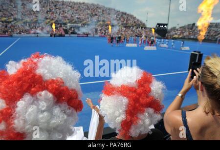London, UK. 21st July 2018. The England team comes onto the pitch with fireworks. England V India. Match 2. Pool B. Womens Hockey World Cup 2018. Lee Valley hockey centre. Queen Elizabeth Olympiv Park. Stratford. London. UK. 21/07/2018. Credit: Sport In Pictures/Alamy Live News
