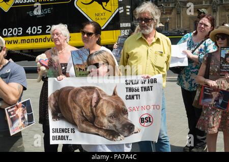 London, UK. 21st July 2018. old palace yard Westminster , animal rights activists , The aim of our group is to offer advice & support to owners of dogs which are under threat from the unjust law that is Breed Specific Legislation. Credit: Philip Robins/Alamy Live News Stock Photo