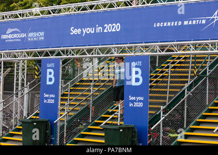 Farnborough, UK. 21st July, 2018. The public gate to Farnborough International Air Show featuring the name of sponsor Lockheed Martin. Farnborough International Air Show is combined with an arms fair attended by government and military delegations accused of serious human rights abuses as well as a civil aerospace exhibition. Credit: Mark Kerrison/Alamy Live News